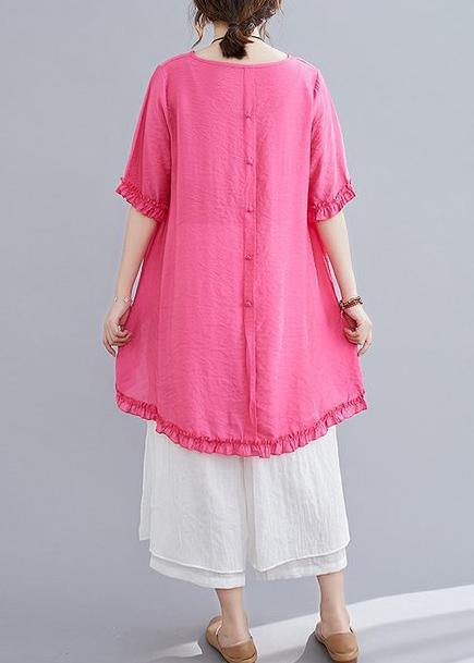 Cotton linen red two-piece fungus stitching round neck T-shirt split seven-point wide-leg pants fashion suit