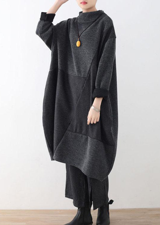 2021 autumn gray striped sweater tops and wide leg knit pants two pieces