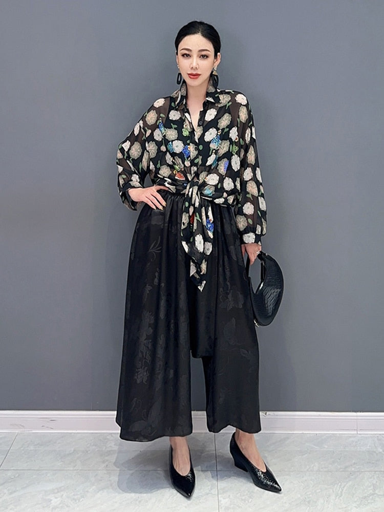 Butterfly & Floral Long Sleeve Blouse Top & Wide Leg Trousers 2-Piece Set