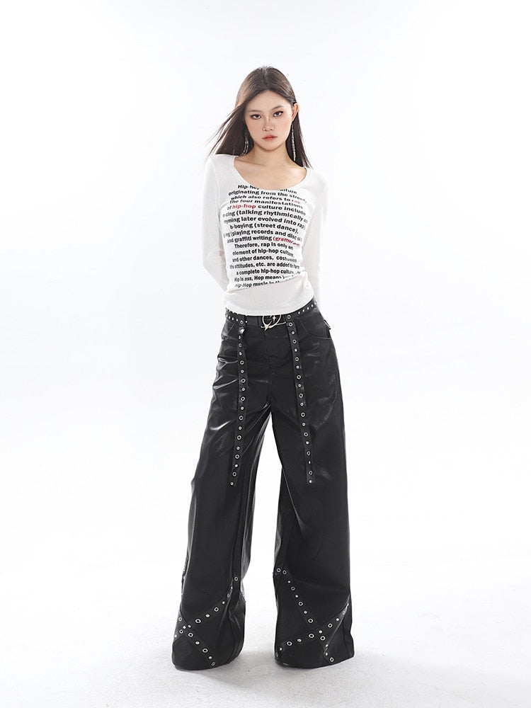 High-Fashion Metal-Accented Wide Leg Leather Pants