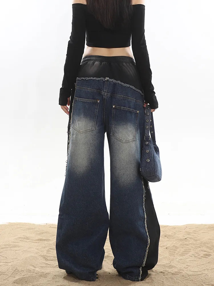 Classic Retro Elastic Waist Wide Leg Denim Pants