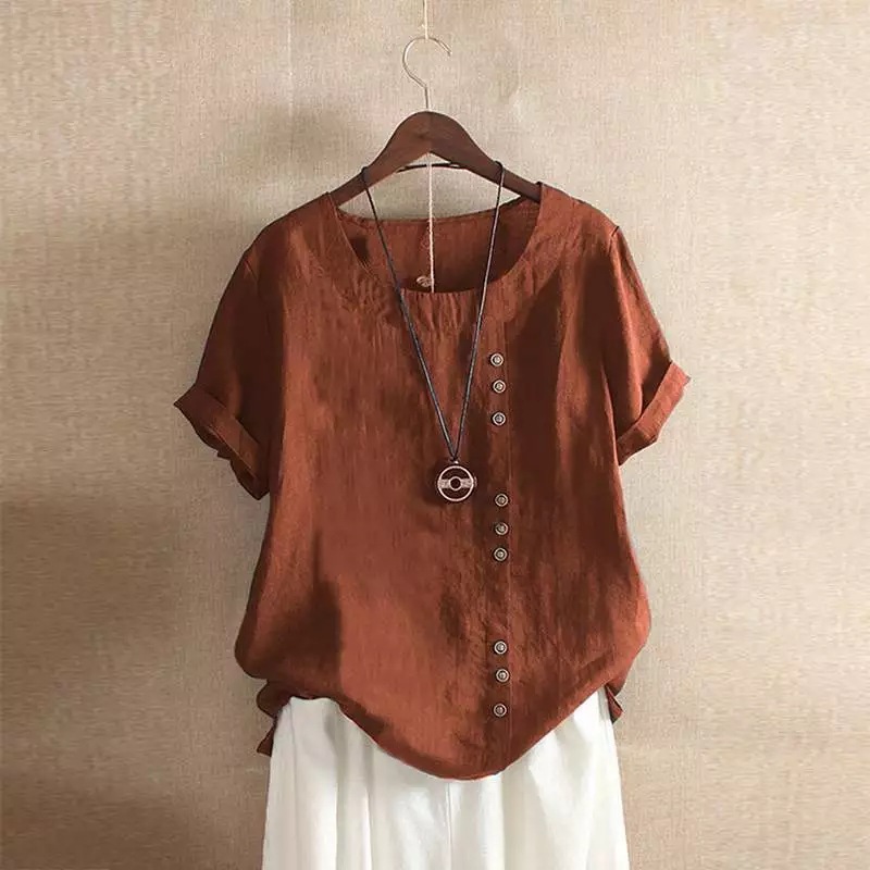 Women's 2023 Spring-Summer Casual Short Sleeve Tunic Tops Ruffle Button Loose Blouse T-Shirts