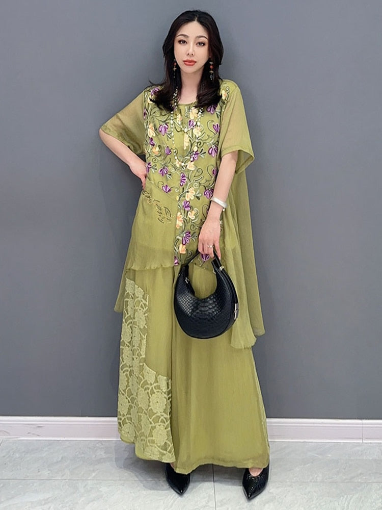Green or Pink Floral Chiffon Loose Top & Wide Leg Pants 2-Piece Set