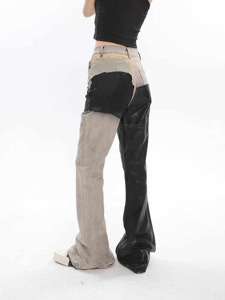 Black and Washed Denim Retro Twist Irregular Jeans