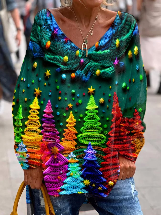 Women's Christmas Hippie Style Mistletoe Print Casual Long Sleeve Top