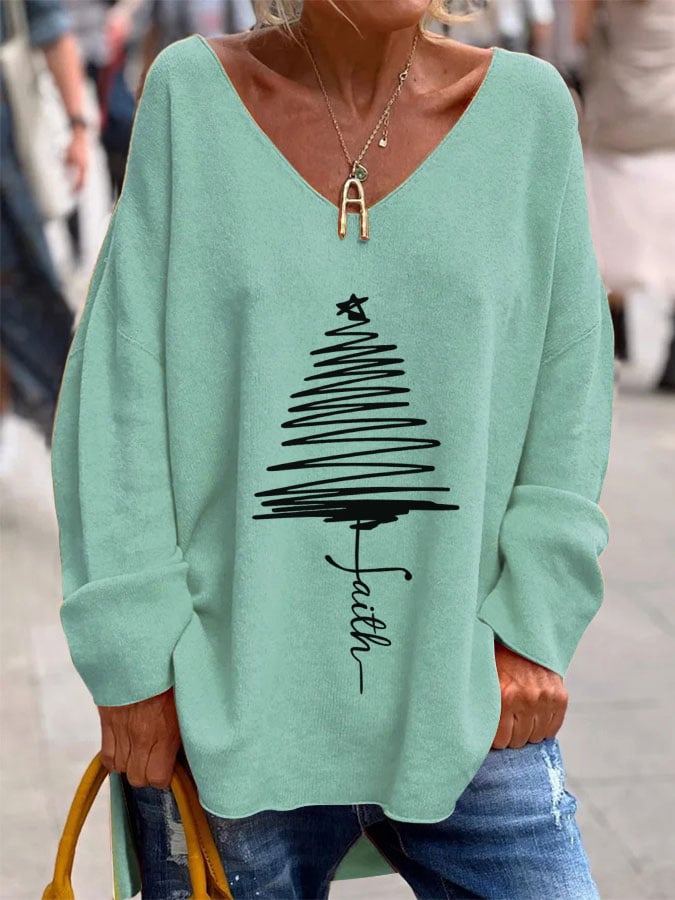 Women's Christmas tree faith French cashmere V-neck top