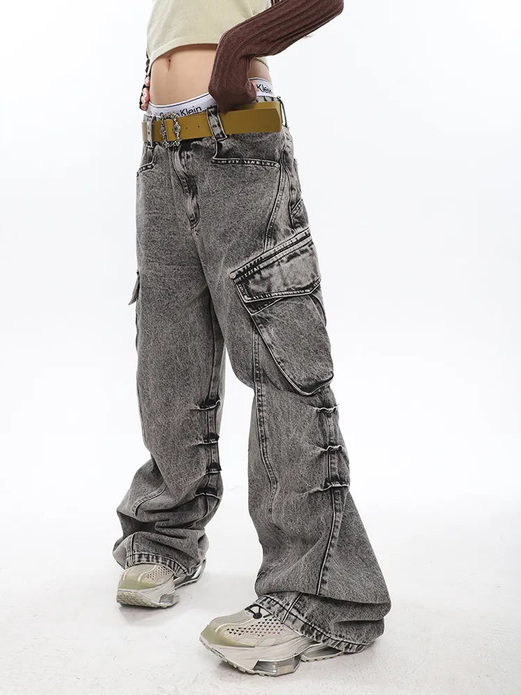 Retro Chic Old Washed Wide-Leg Cargo Pants