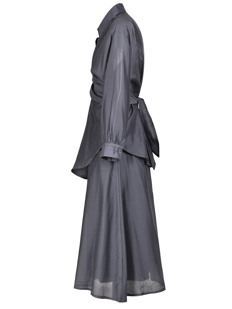 Elegant Lightweight Charcoal Gray 2-Piece Set - Classy Blouse & Long Skirt