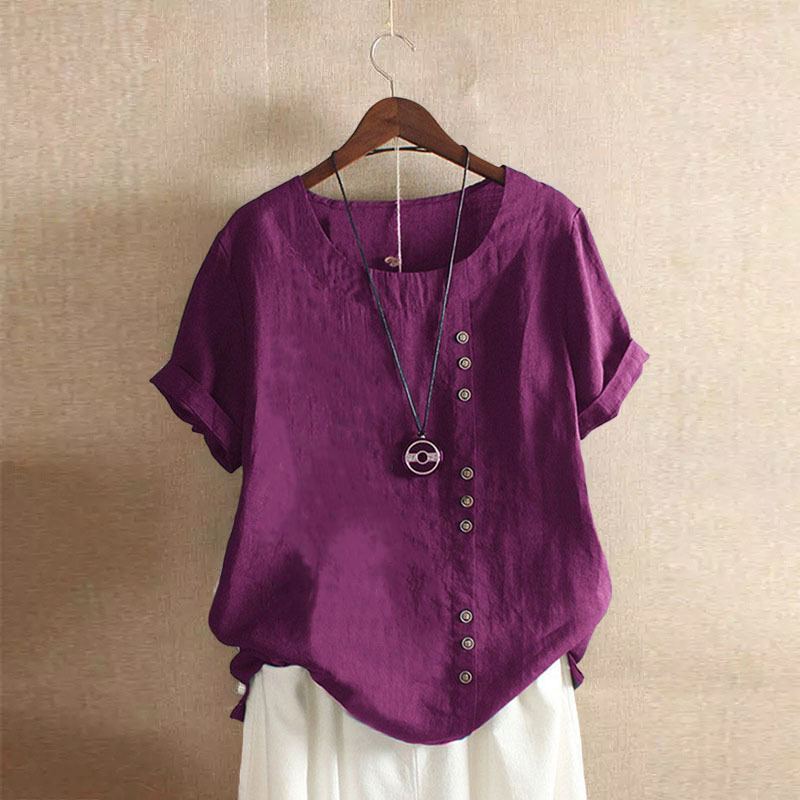 Women's 2023 Spring-Summer Casual Short Sleeve Tunic Tops Ruffle Button Loose Blouse T-Shirts