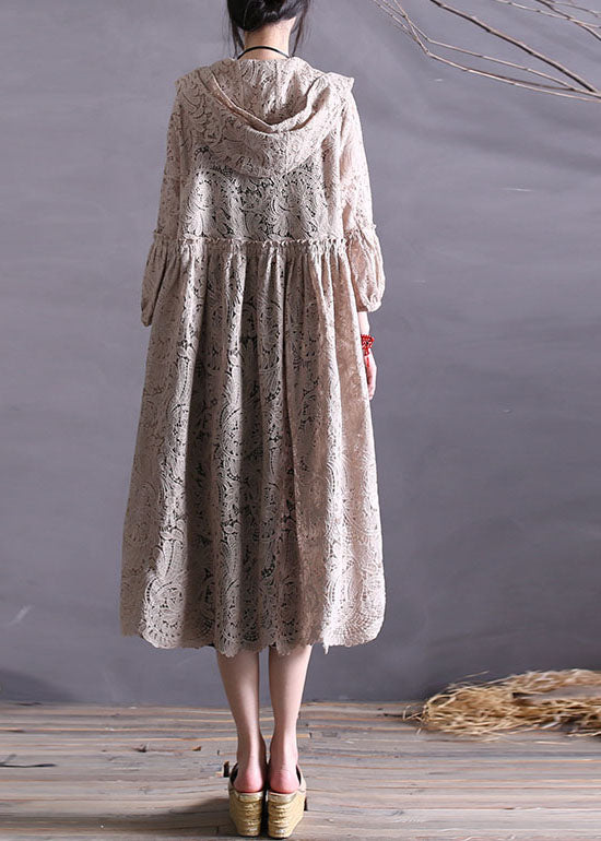 Loose Khaki Hooded Embroideried Patchwork Cardigan Spring