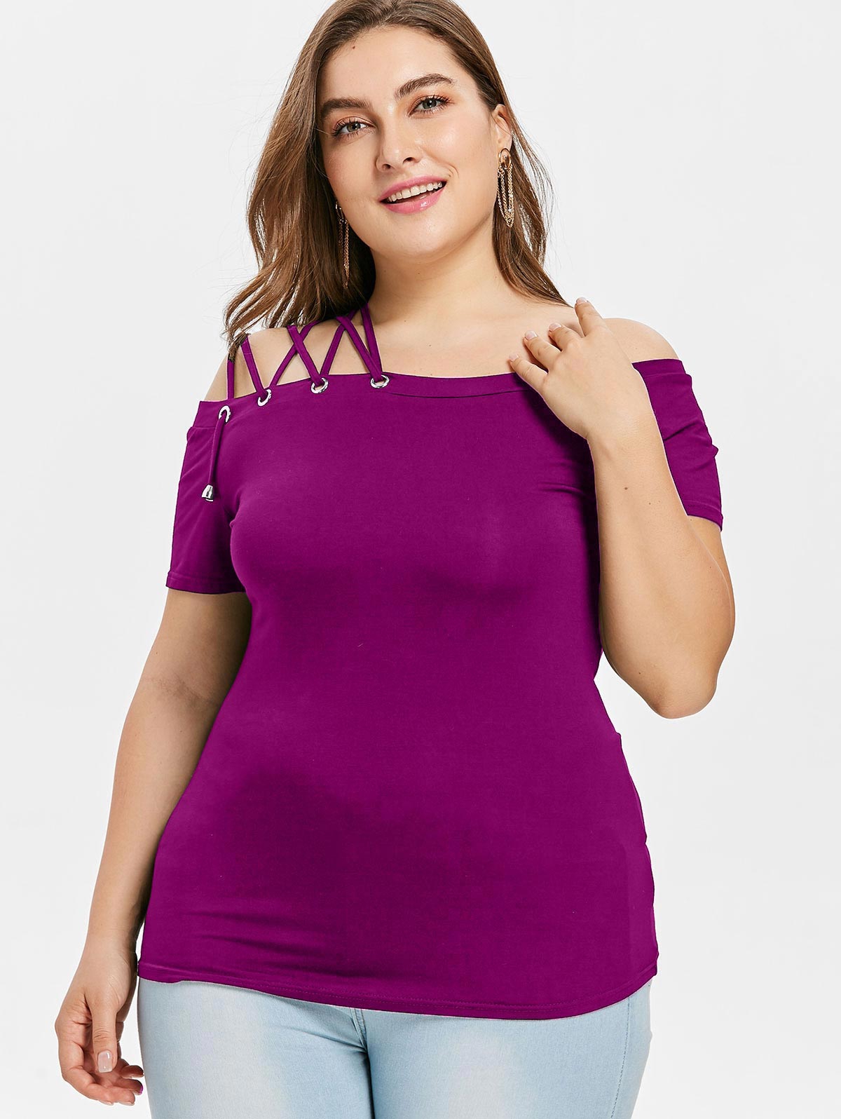 Plus Size Off The Shoulder Strappy Women T-shirt