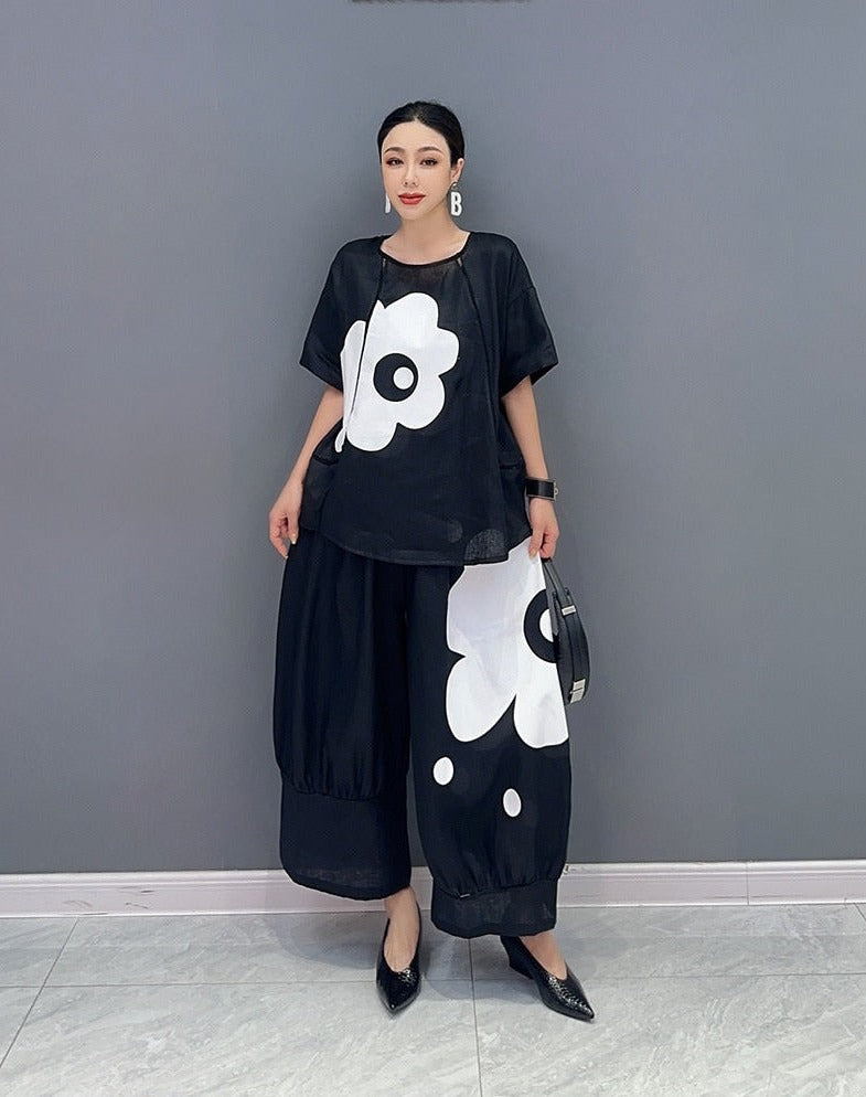 Black Short Sleeve Floral Tunic Top & Wide Leg Pants 2-Piece Set
