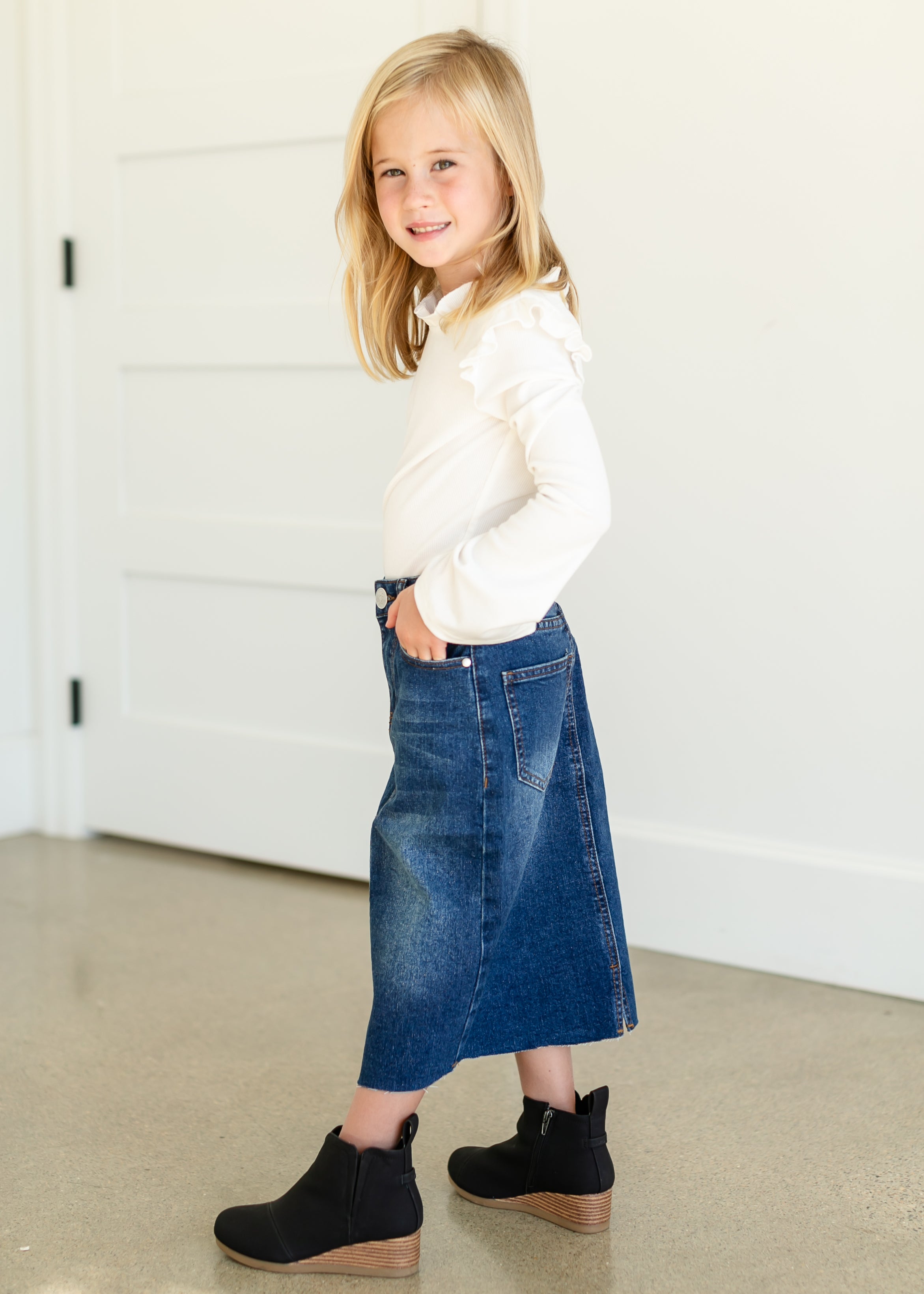 Girls Remi Raw Hem Denim Midi Skirt